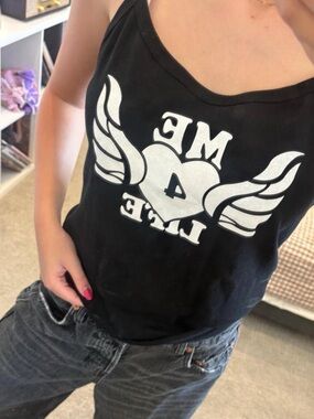 Black Graphic Tank Top with White Winged Heart Print